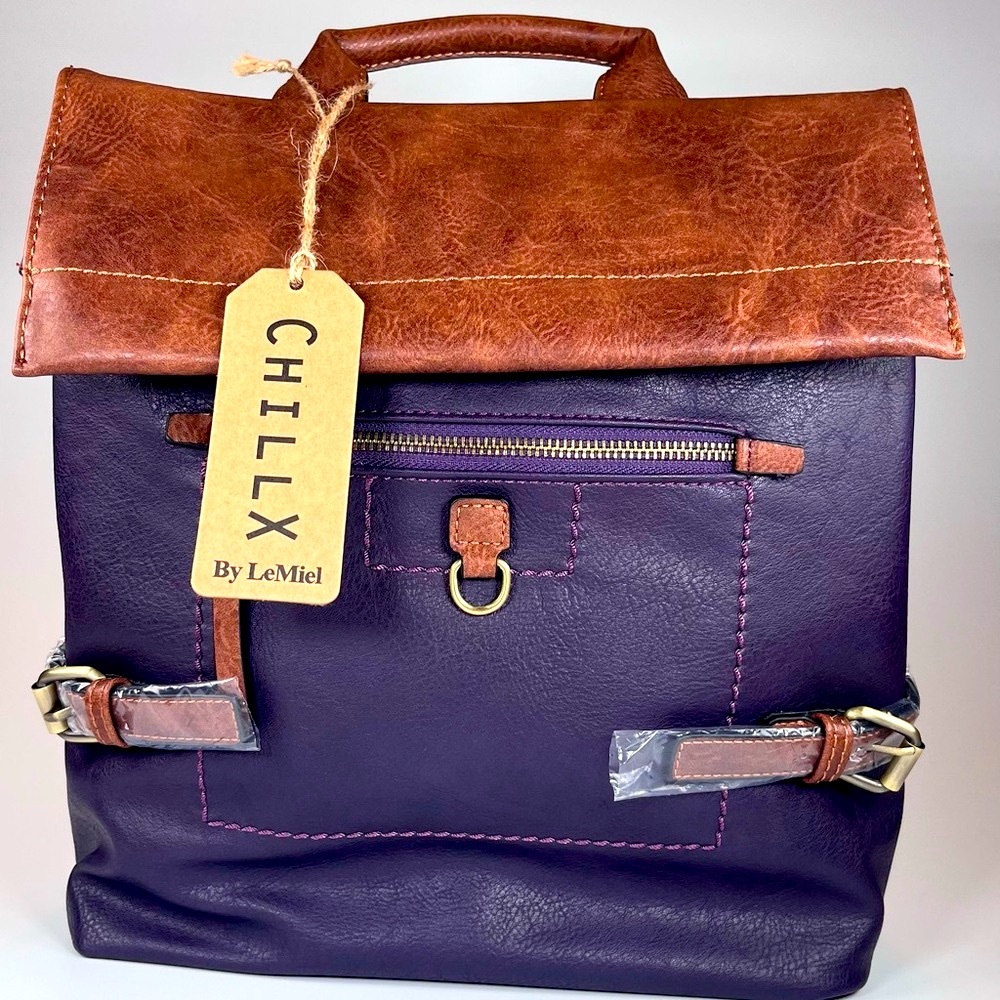 Purple & Brown Chic: Multi-pocket Vegan 🌱 Fashion Backpack
